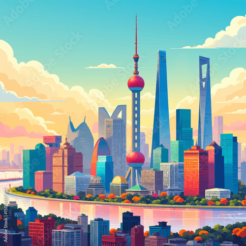 Vibrant Shanghai Skyline at Sunset with Iconic Tower and River