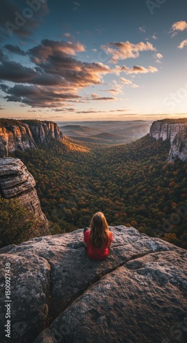 Woman Sitting on Cliff Overlooking Valley Forest at Sunset Photo