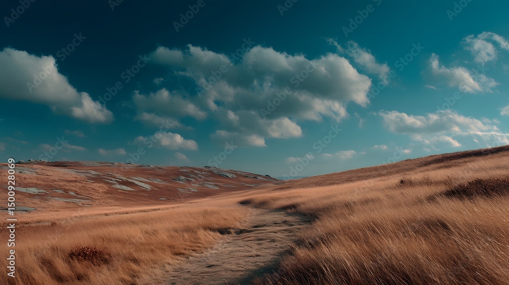 Serene Path Across Golden Grassland Under a Blue Sky with Fluffy Clouds Serene Path Across Golden Grassland Under a Blue Sky with Fluffy Clouds