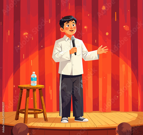 Young Comedian on Stage, Red Curtains, Water Bottle, Engaged Audience