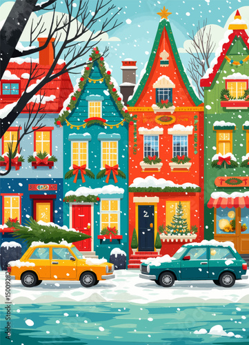 Wintery Village Street with Festive Homes and Cars