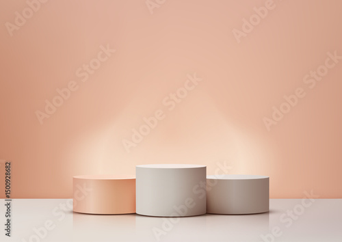 minimalist product showcase on cylindrical pedestals pastel tones peach beige white glossy surface smoke background winner concept mockup