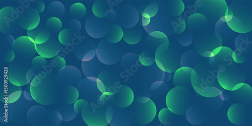 A dark blue abstract background with  many overlapping green circles, disks pattern with gentle gradients. The design creates a visually appealing and versatile backdrop for various creative projects.
