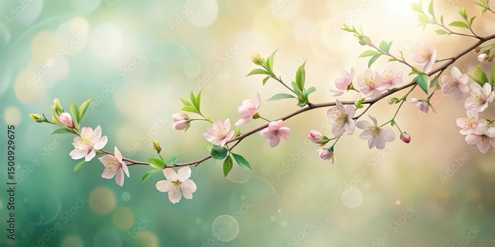 Fototapeta premium Delicate Spring Blossoms on a Branch, Illuminated by Soft Sunlight, a Peaceful and Serene Natural Scene