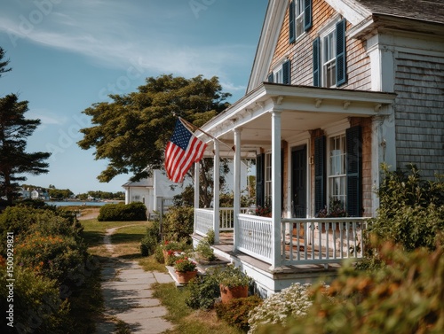 American flag waving in front of house near serene water