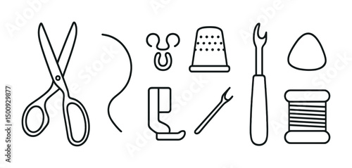 Sewing essentials line art: scissors, thread, and tools for crafting