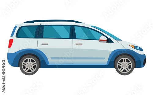 White and Blue Minivan - Side View