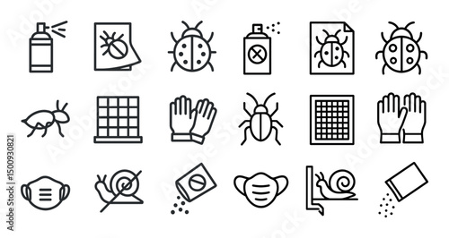 Pest control line icons set – outline, silhouette, insect and extermination symbols