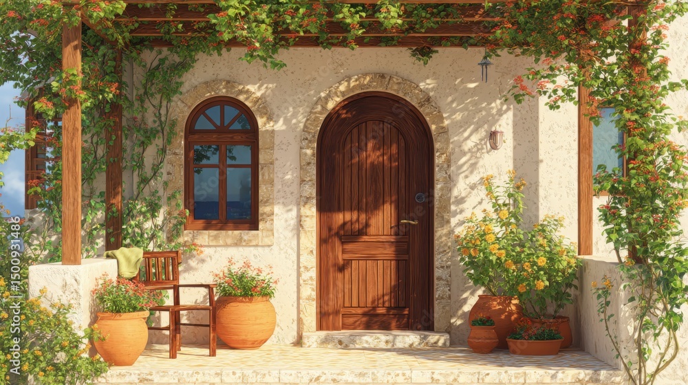 Fototapeta premium Charming home entrance with stone steps, plants, & arch door