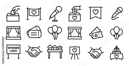 Wedding and event outline icons set – linear, celebration, party symbols