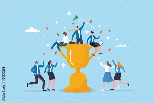 Team success winning trophy, reach business goal together, teamwork or partnership to win or succeed, motivation or leadership concept, business people greeting victory on winning success trophy