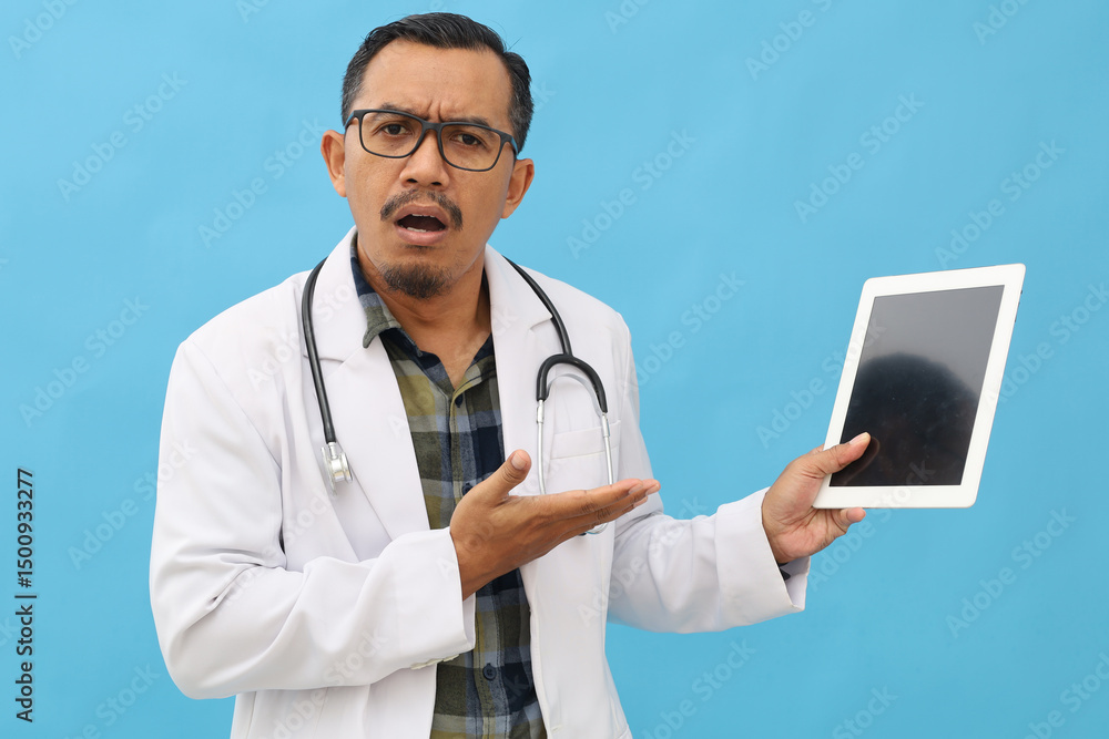 Asian adult male doctor wearing doctor's coat hanging stethoscope around neck, holding and showing blank screen of tablet while opening hands, looking confused to camera and opening mouth. Asian adult male doctor wearing doctor's coat hanging stethoscope around neck, holding and showing blank screen of tablet while opening hands, looking confused to camera and opening mouth.