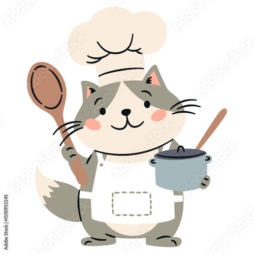 Flat vector illustration in a simple children's style. Cute cat cook on white background. Vector illustration