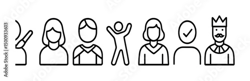 Outline icon set of people including king and checkmark figure