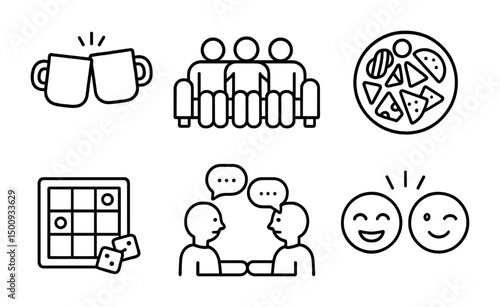 Game night icons: friends, pizza, and conversation for casual hangouts