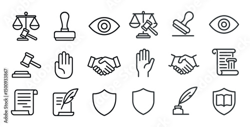 Legal and justice outline icons set - silhouettes, law, attorney symbols