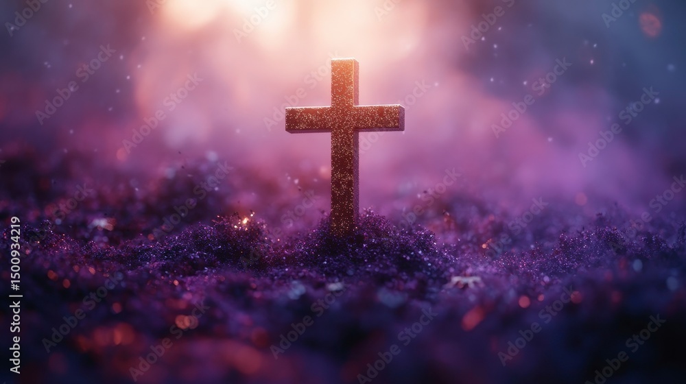 Fototapeta premium Cross glows in violet field