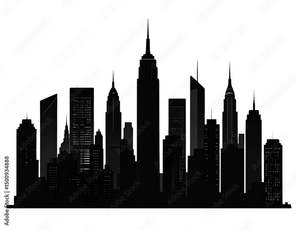 Obraz premium Silhouette of city skyline with tall buildings on white background. 