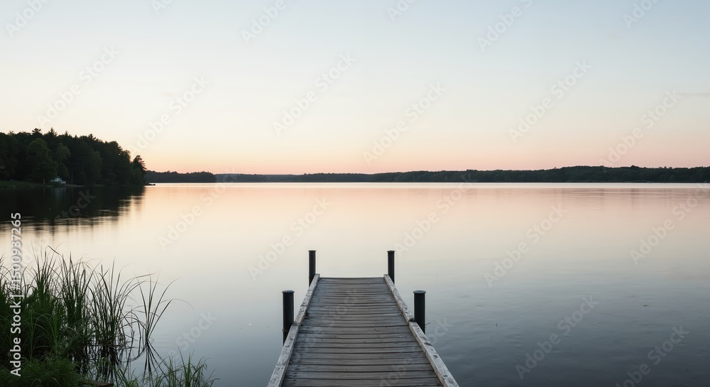 custom made wallpaper toronto digitalWooden dock extending into calm lake at sunset with reflections  