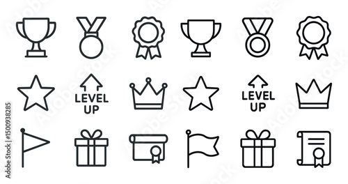 Awards and achievements icons set – outline, line, recognition and milestone symbols