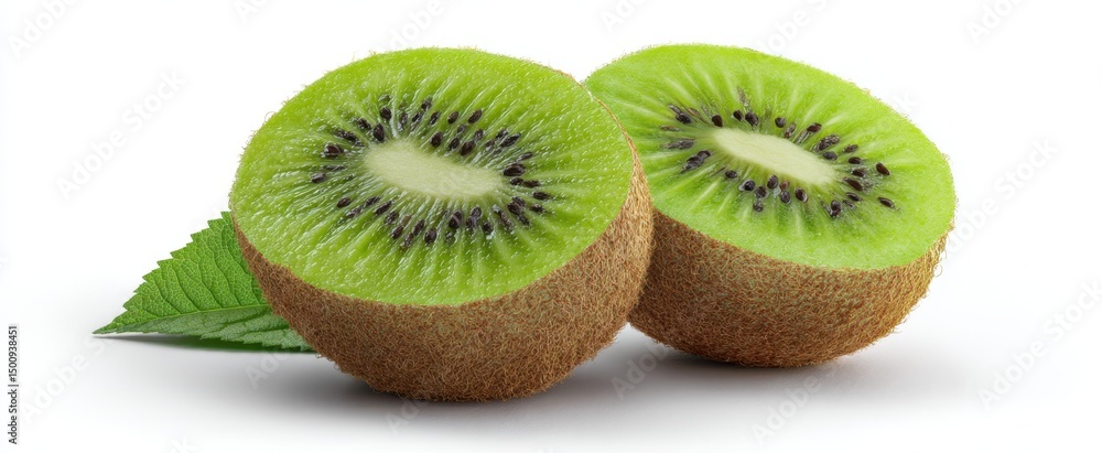 Fototapeta premium The vibrant green slices of kiwi fruit atop a fresh green leaf.