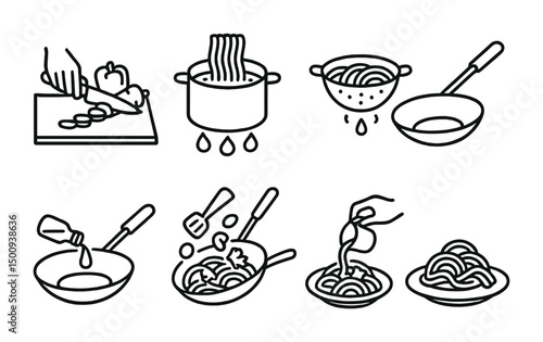 Step-by-step pasta cooking process with simple line icons for culinary guides