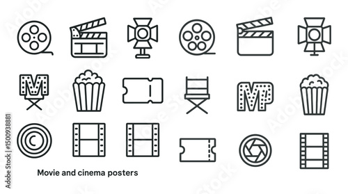 Movie and cinema outline icons set – film, theater, entertainment symbols