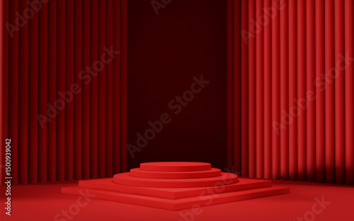 3d red room background with podium and column. Product display with platform. Abstract geometric light scene.
