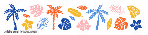 Abstract naive set of tropical leaves and palm trees