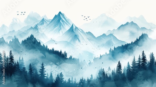 Paisaje montañoso envuelto en niebla, acuarela abstracta