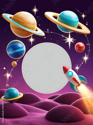 Space Adventure Birthday Invitation, perfect for kids party announcements, blank text frame, vibrant cartoon 3D illustration style

