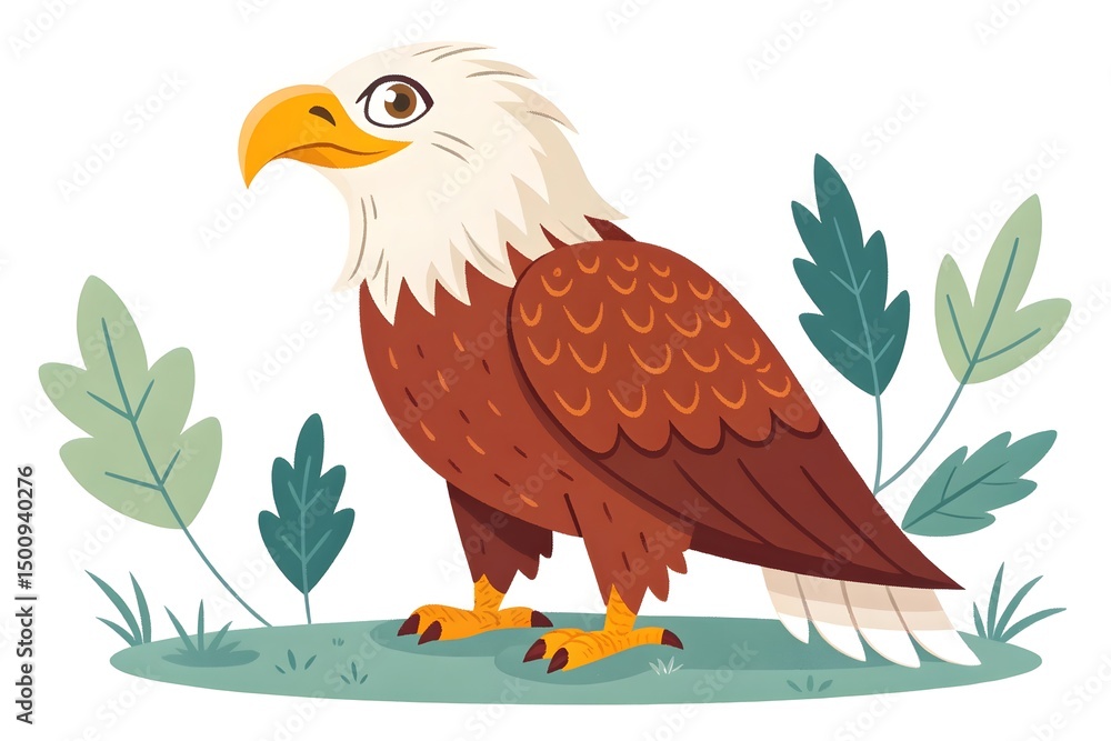 Fototapeta premium Adorable Cartoon Bald Eagle Illustration Wildlife Nature Bird Avian Feathers Forest