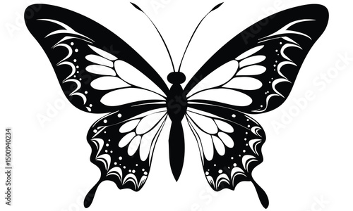 A solitary black swallowtail butterfly vector illustration with delicate wings isolated on a white background, embodying nature's beauty and the essence of summer