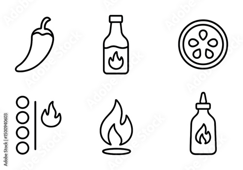 Spicy ingredients and hot sauces icon set for culinary designs