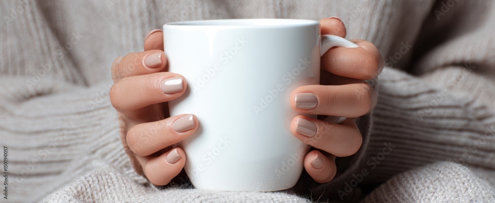 The cozy moment of hands holding a warm coffee mug in a sweater. The cozy moment of hands holding a warm coffee mug in a sweater.