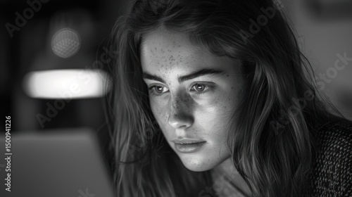 Nighttime Focus: A Black and White Portrait of a Young Woman Concentrated on Her Laptop