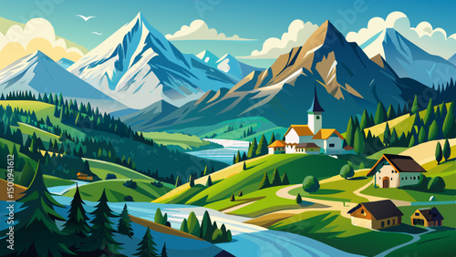 Picturesque alpine village with snowy mountains, pine forests and a winding river under a clear blue sky