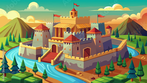 Majestic medieval castle surrounded by a river and pine forest in a mountainous landscape with sunset sky