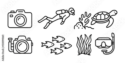 Underwater adventure icons featuring diving and marine life elements