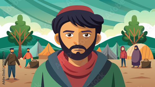 Refugee man with a serious expression in a tent camp surrounded by people and mountains in stylized art