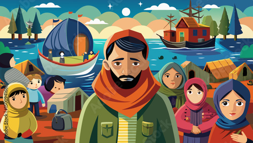 Refugee family at waterside camp with boats and makeshift shelters under a colorful sky in stylized illustration