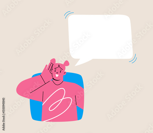 Woman looking out of square window with speech bubbles. Colorful vector illustration