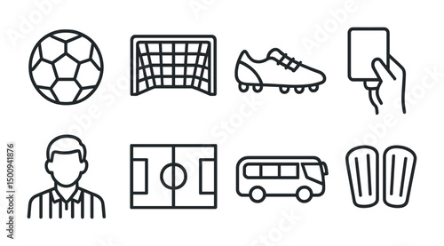 Essential soccer icons: ball, goal, shoes, referee, field, bus, gear for design projects