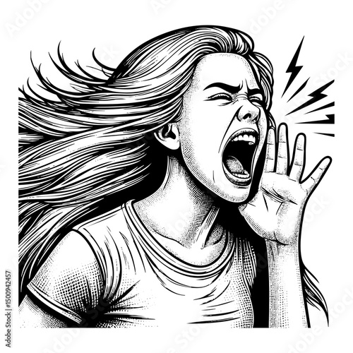 Woman scream sketch engraving black and white outline. Scratch board imitation.
