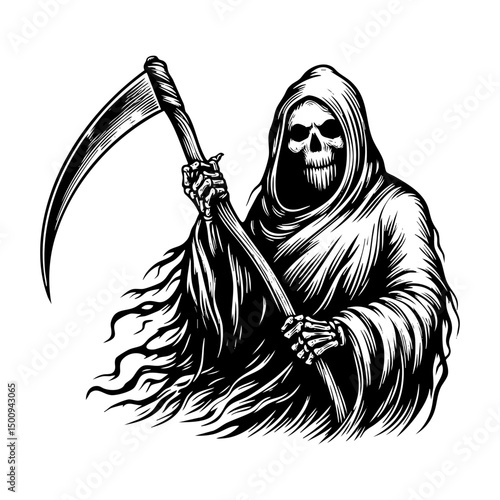 Grim reaper holding sickle sketch engraving black and white outline. Scratch board imitation.