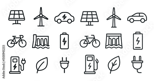 Renewable energy icons set – linear, outline, sustainable and eco-friendly symbols