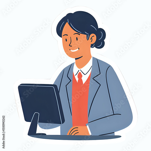 a women wearing formal suites and working at office in front of monitor PC/Laptop