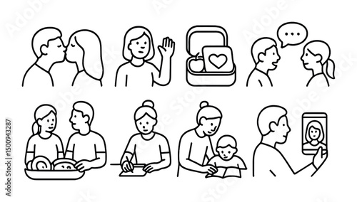 Daily family moments and interaction concepts in simple line art design