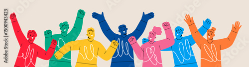 Happy people jumping in the air cheerfully. Colorful vector illustration