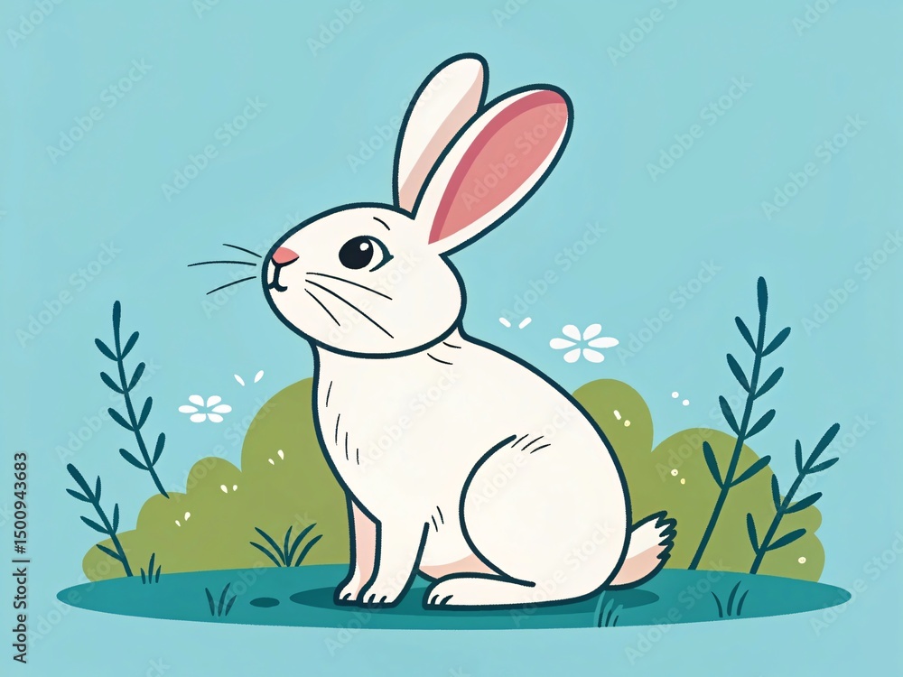 Adorable White Rabbit Sitting in a Meadow Cute Cartoon Illustration Spring Animal Adorable White Rabbit Sitting in a Meadow Cute Cartoon Illustration Spring Animal